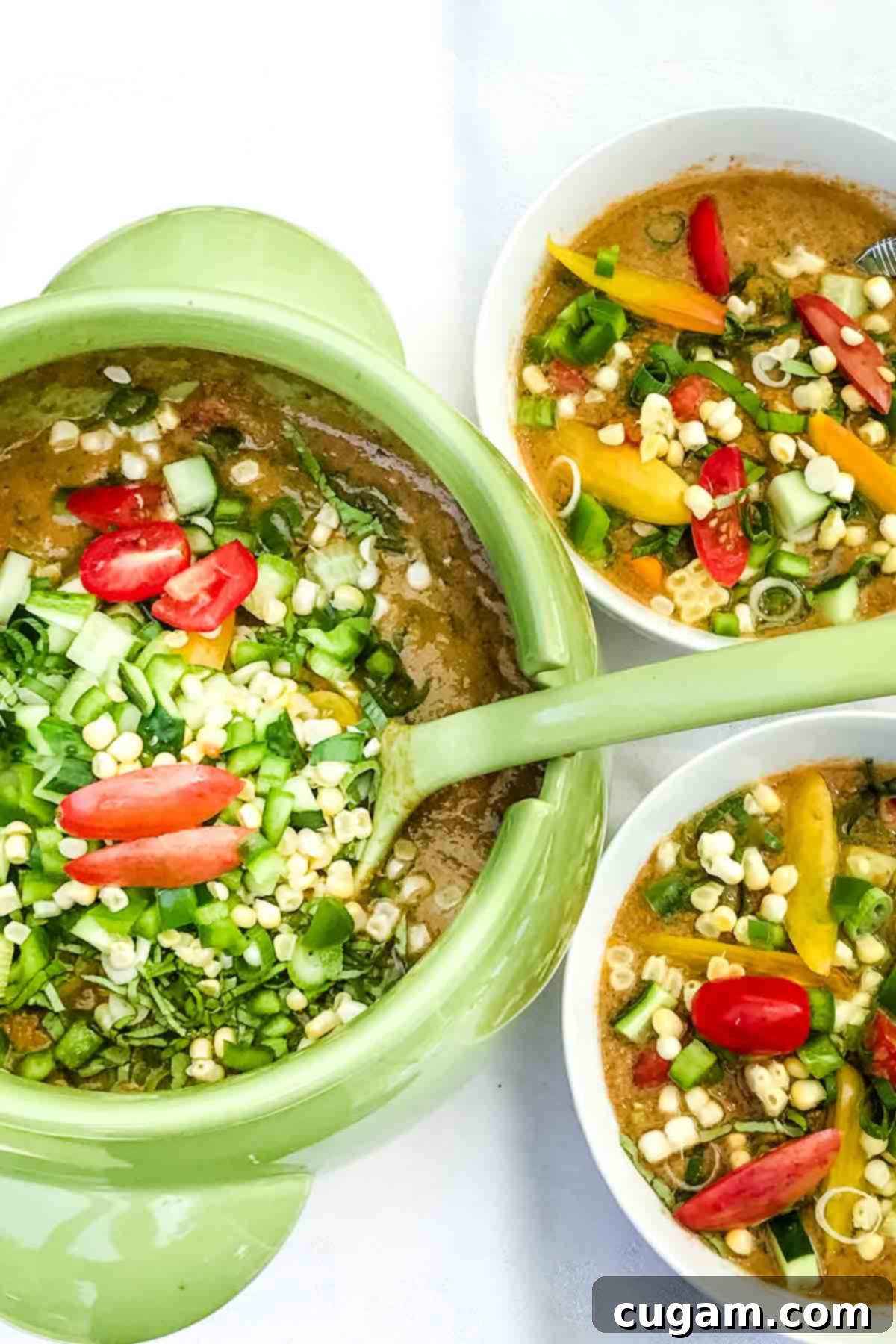Vibrant bowl of chunky fresh tomato gazpacho, topped with a medley of colorful chopped vegetables.