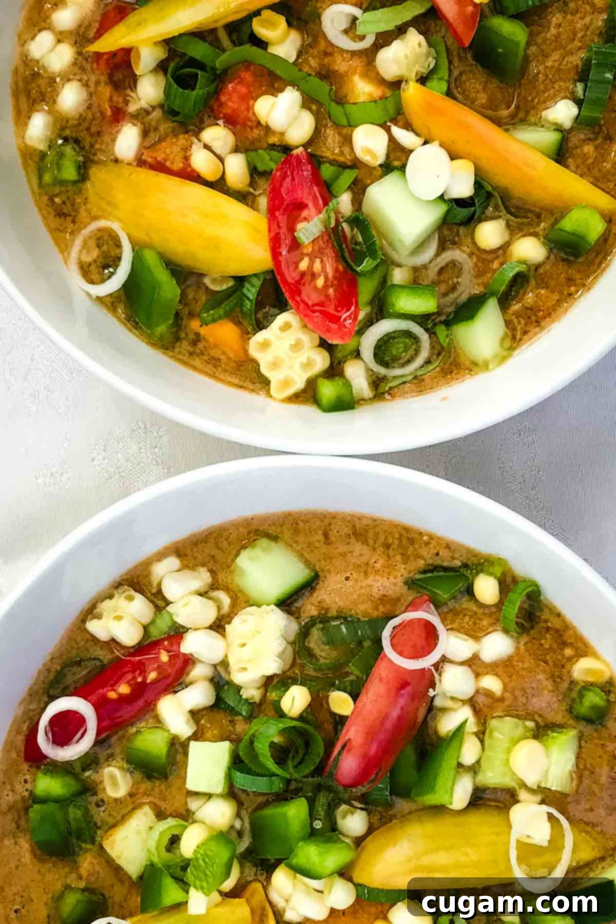 A close-up of a bowl of chunky tomato gazpacho, garnished with fresh, colorful diced vegetables on top.