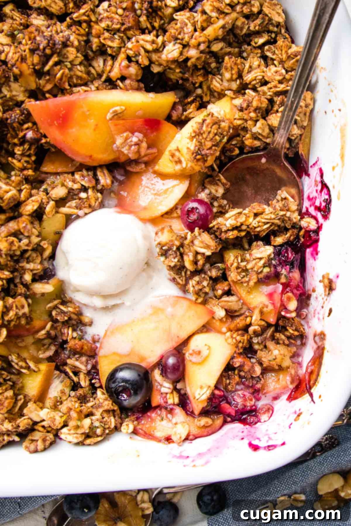 Blueberry and Peach crisp in a baking dish with a scoop of ice cream.