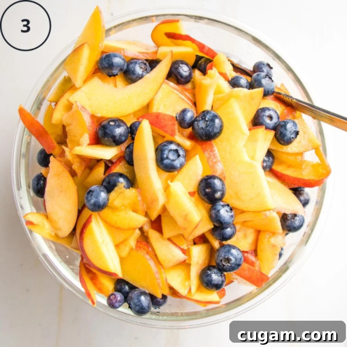 Glass bowl filled with sliced peaches and blueberries.