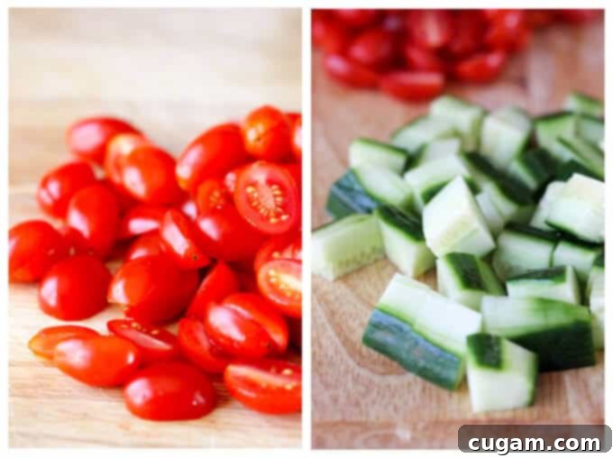 Freshly cut tomatoes, cucumbers, and green peppers for Horiatiki Salad.