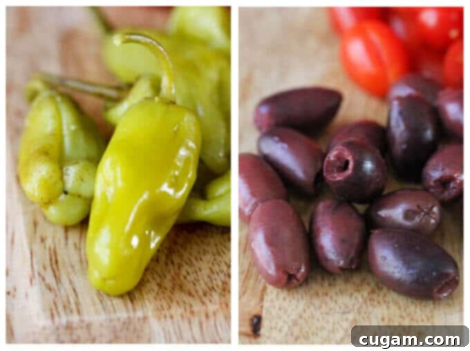 Combining fresh vegetables, olives, and peperoncini for a Horiatiki Salad.