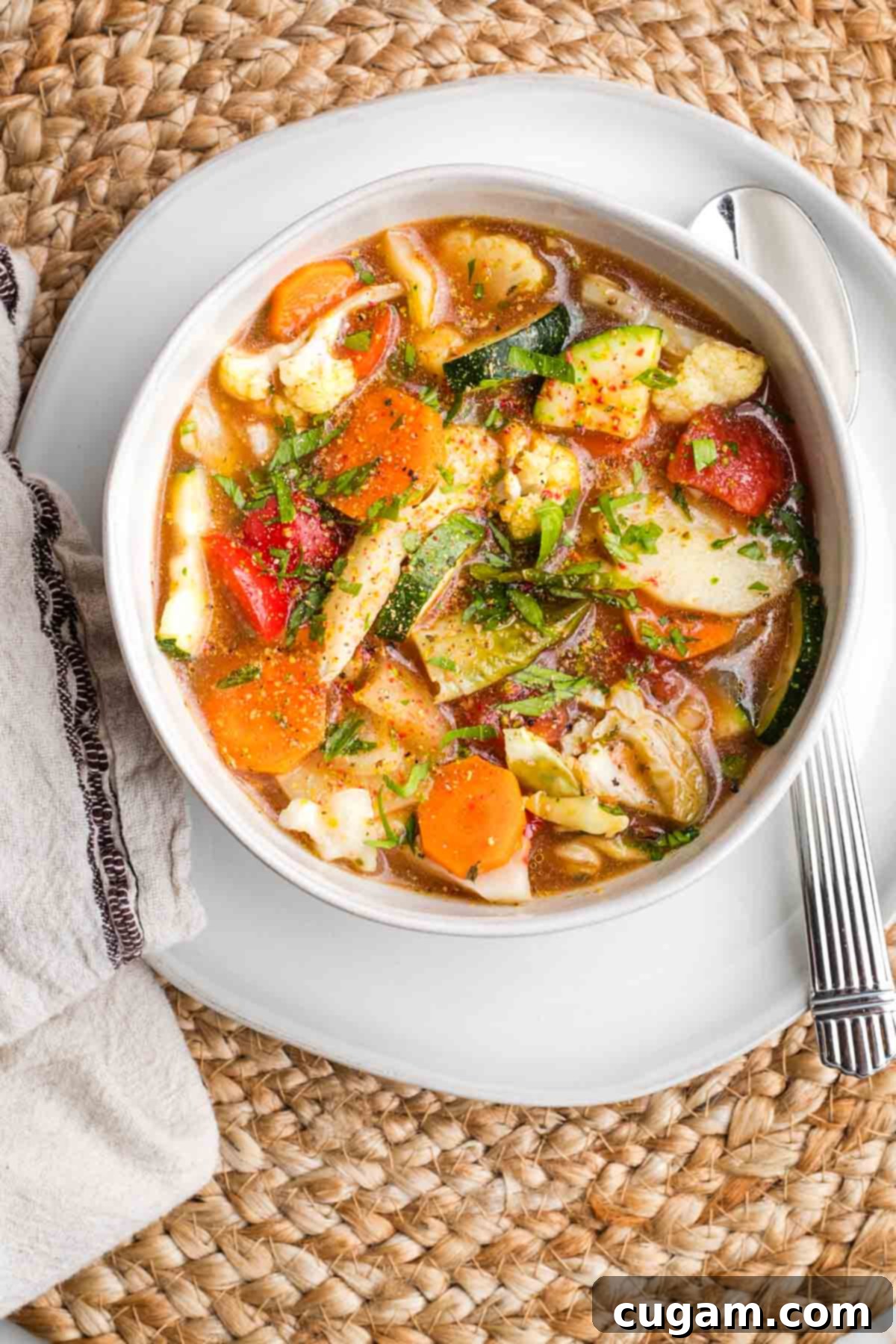 Bowl of colorful chunky veggie soup with fresh herbs, ready to be served.
