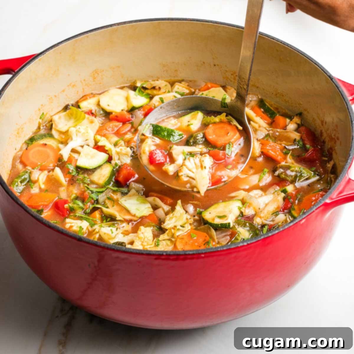 Ladle scooping chunks of roasted vegetables and rich broth into a serving bowl.