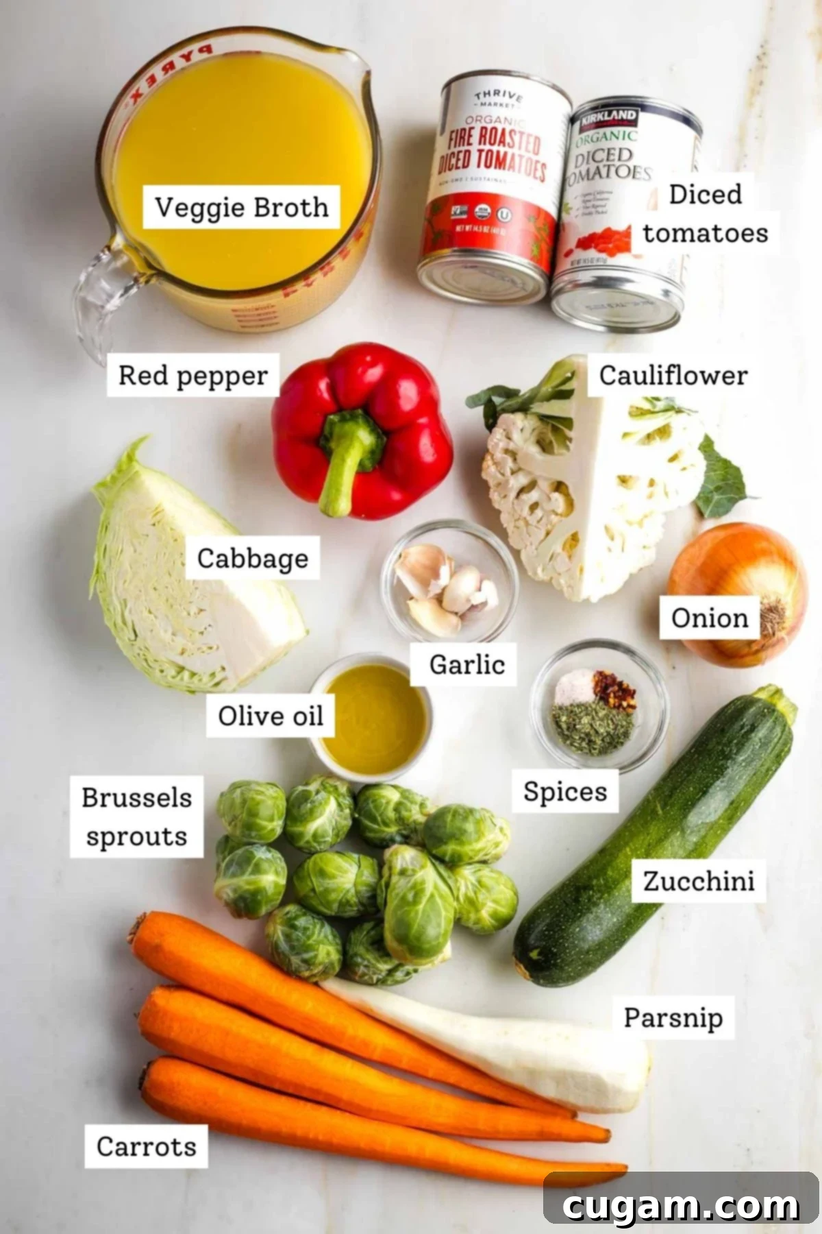 Labeled ingredients for roasted veggie soup: broth, diced tomatoes, red bell pepper, green cabbage, cauliflower florets, sliced carrots, parsnips, zucchini rounds, Italian spices, and fresh garlic cloves.