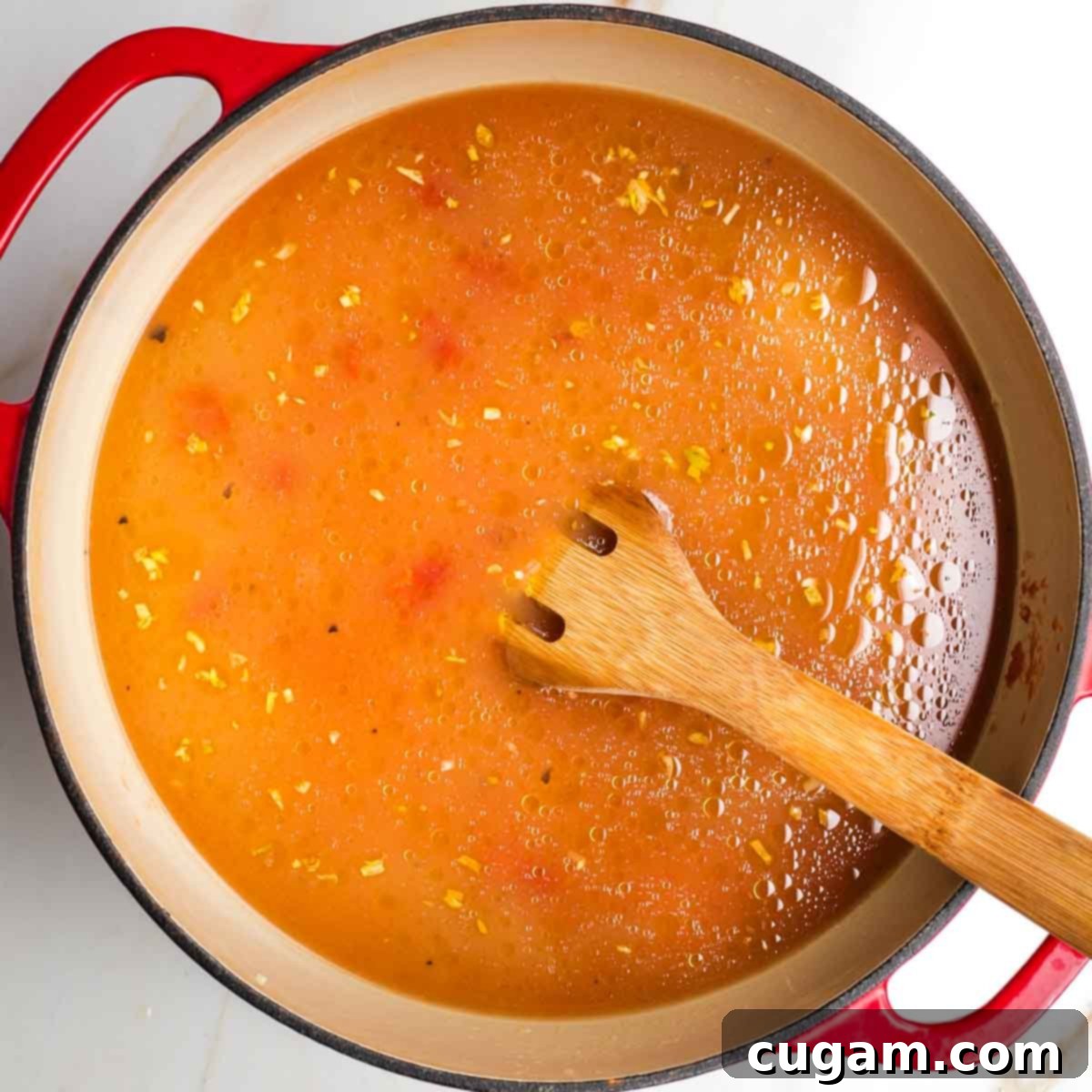 Vegetable stock and diced tomatoes simmering in a Dutch oven.