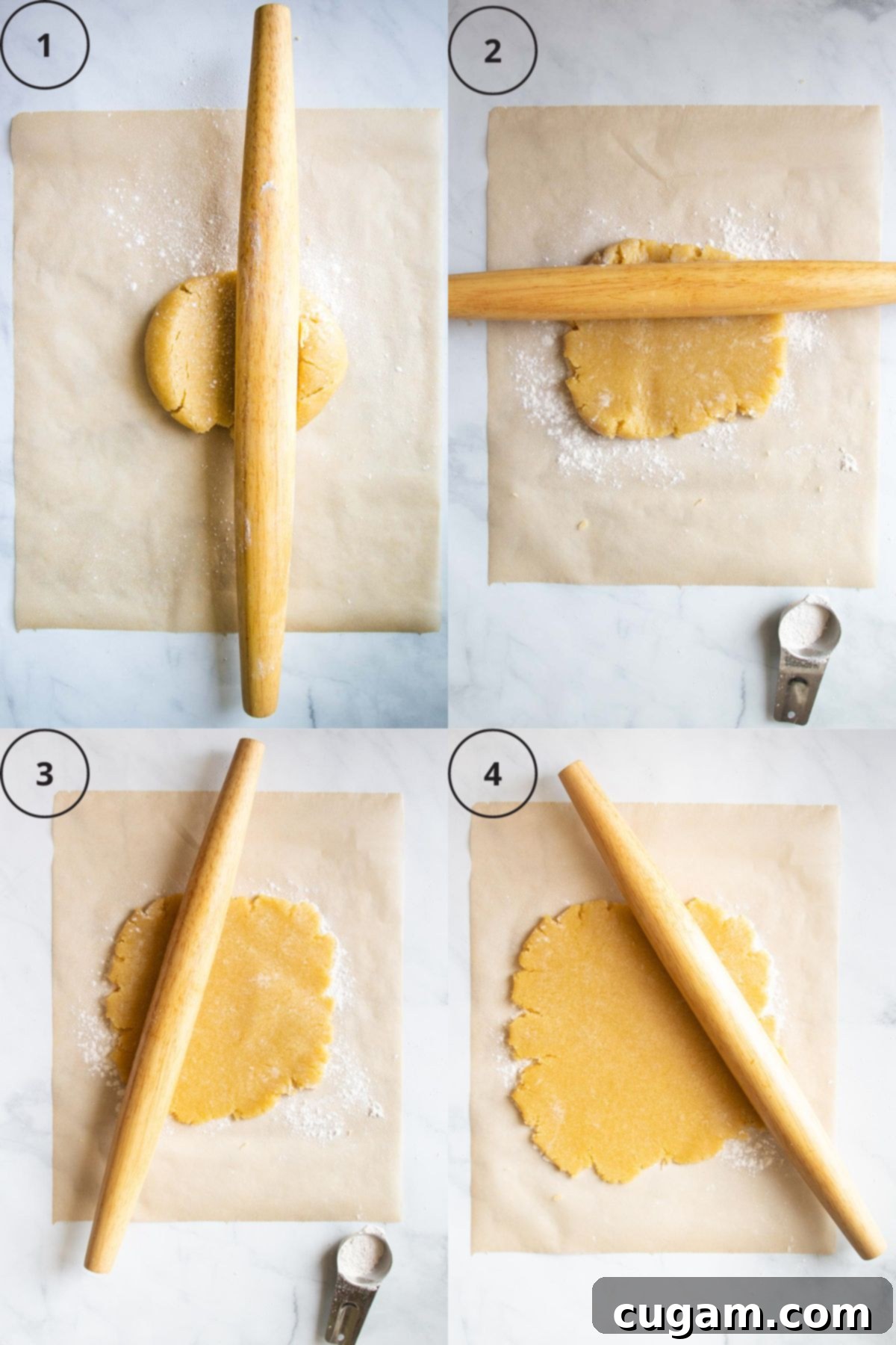 4 numbered steps to rolling out gluten-free galette dough in all directions. 