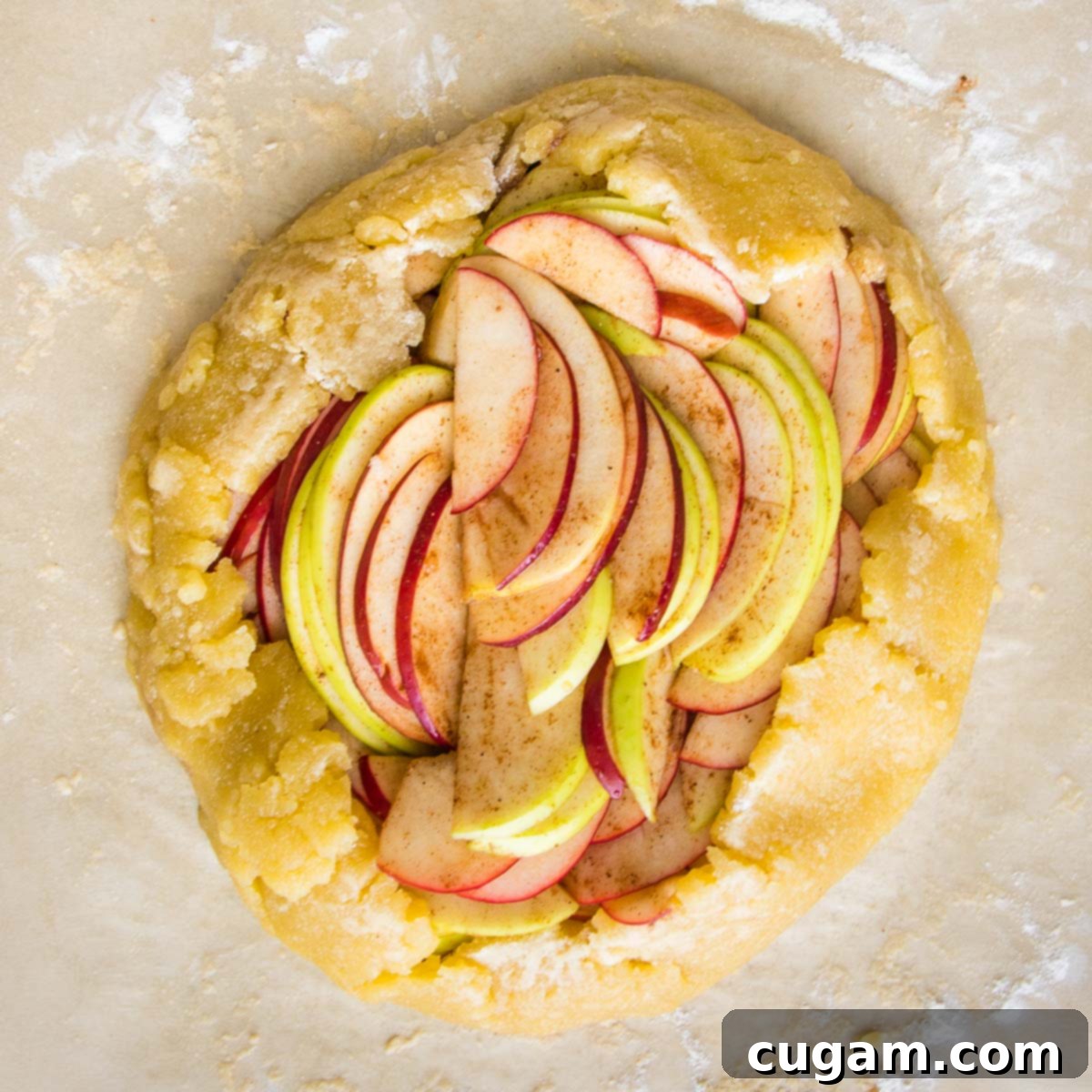 Pie crust filled with sliced apples with a free form fold along the edges to produce a rustic galette.