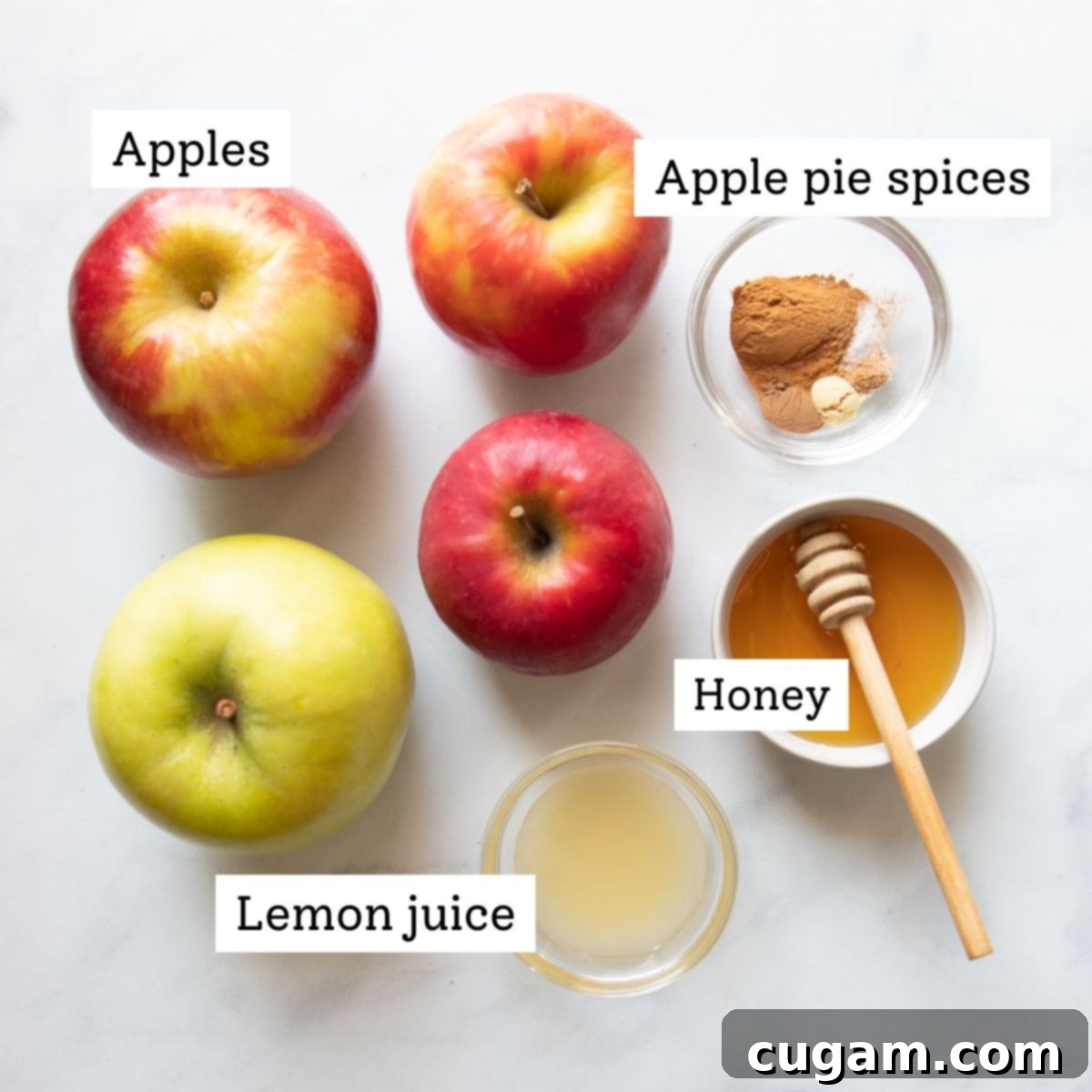 Labeled ingredients for apple galette filling: apples, apple pie spices, lemon juice, honey.