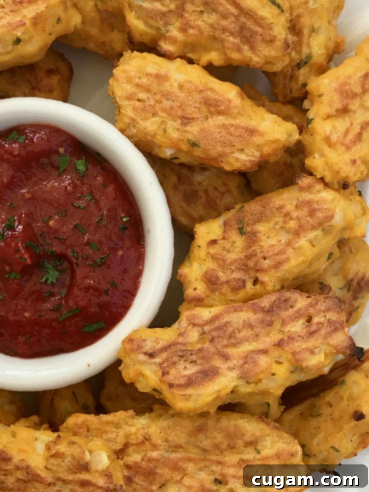 Guilt-Free Cauliflower Bites 2 Sweet potato and cauliflower tater tots with ketchup.
