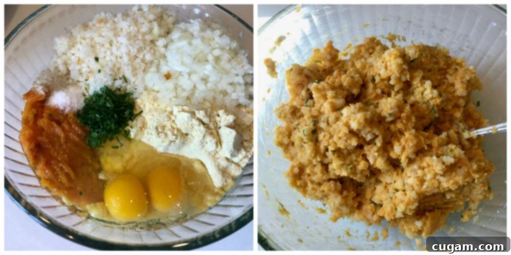 Guilt-Free Cauliflower Bites 3 Bowl with eggs, cauliflower rice, mashed sweet potato and spices. Mashed together.