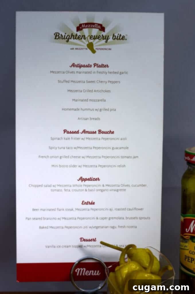 Detailed view of the exquisite food menu presented at the Mezzetta Table event