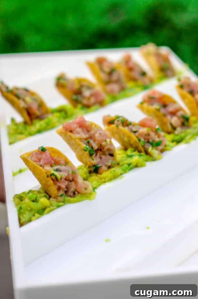 Spicy Tuna Tacos, elevated with a fresh Mezzetta Peperoncini Guacamole, offering a burst of flavor
