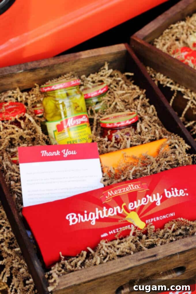 A box overflowing with various Mezzetta products, a wonderful gift for guests after the event