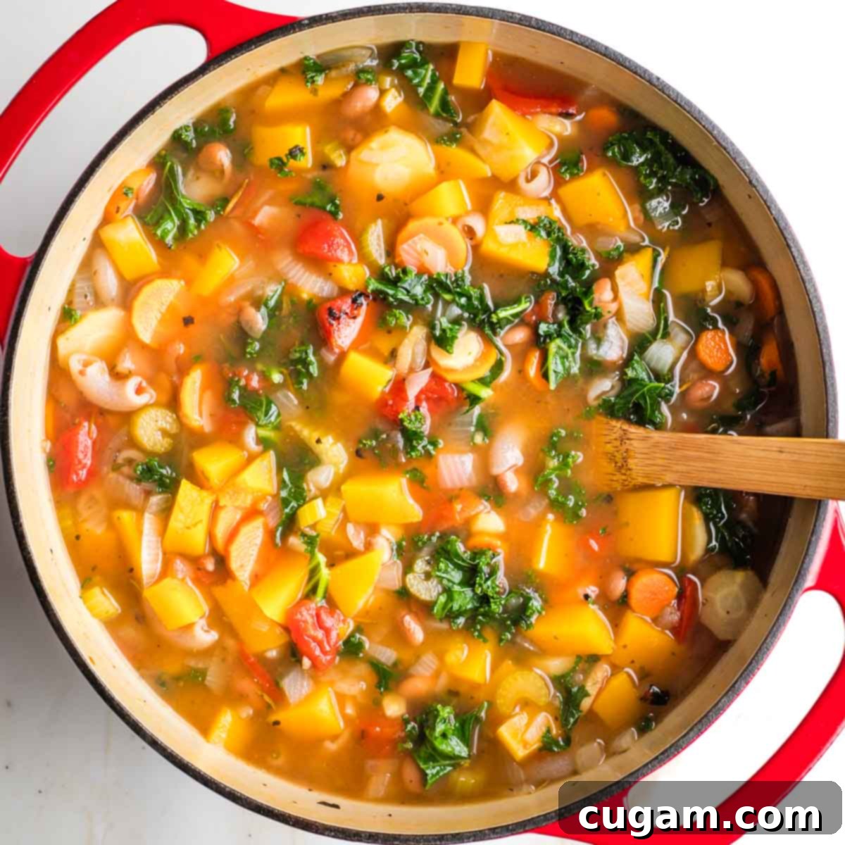 Minestrone with chunks of root veggies and butternut squash in broth in a dutch oven.