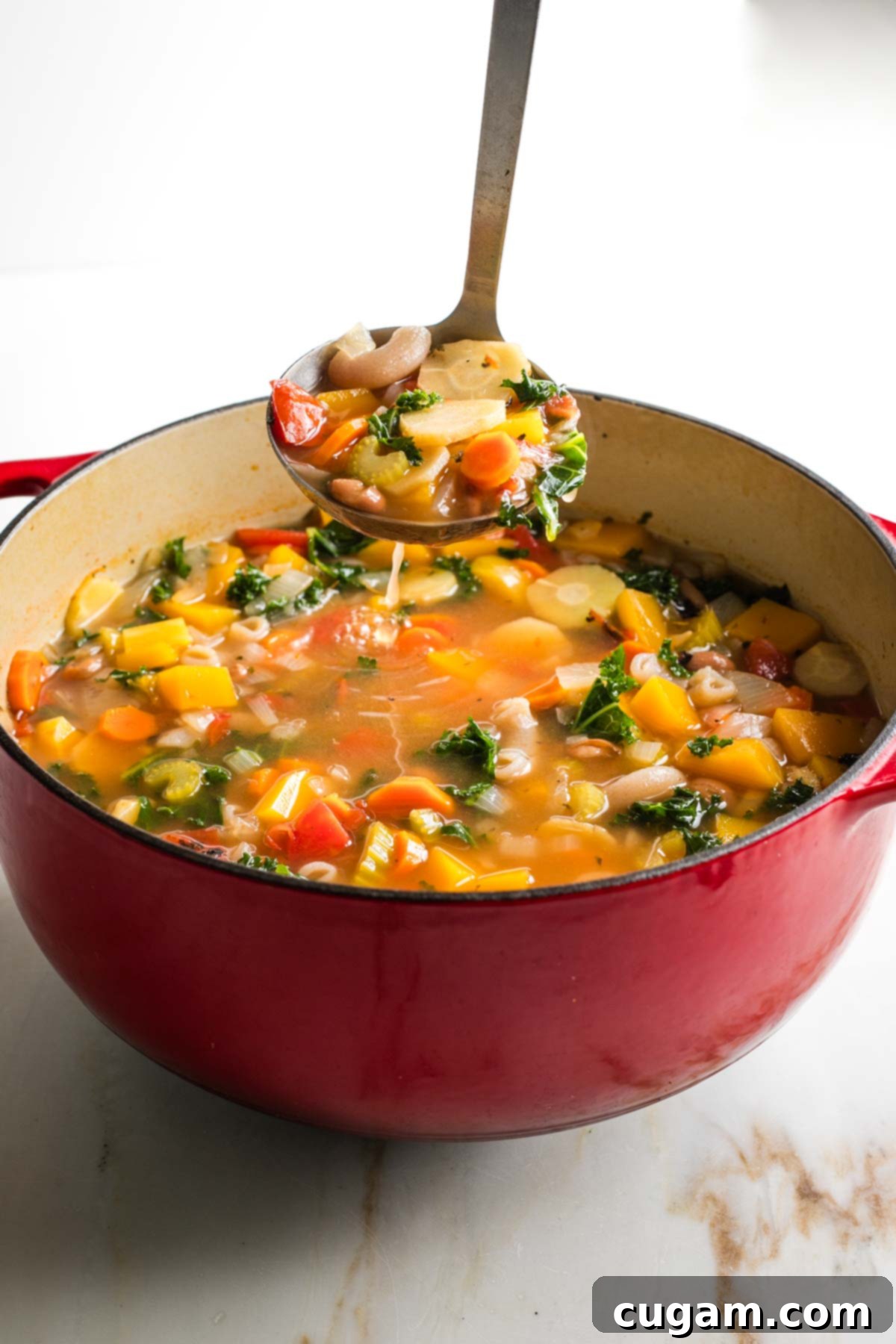 Ladling chunky minestrone soup from a dutch oven.