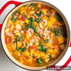 Chunky minestrone soup with veggies, beans, pasta and wilted kale in a dutch oven.