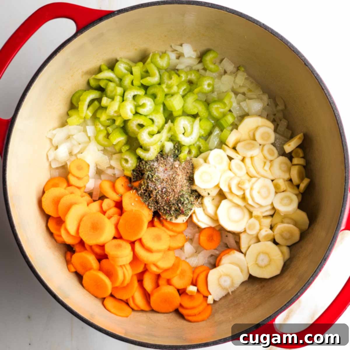 Dutch oven with carrots, parsnips, spices and celery on top of sauteed onions.