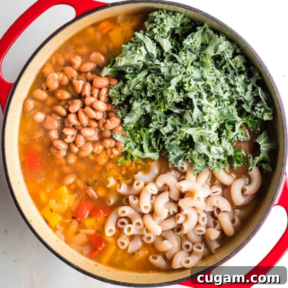 Chopped kale, pinto beans and cooked pasta in a pot of veggie soup.