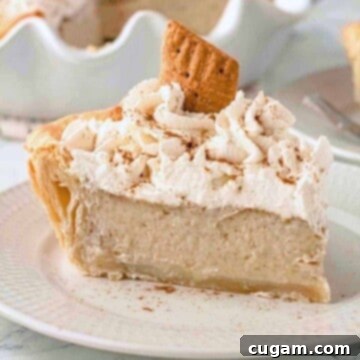 Single slice of baked banana pie with whipped cream and cinnamon on top, sitting on a white plate.