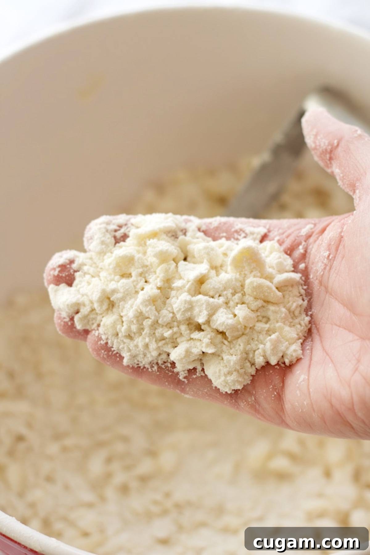 Hand holding crumbs of flour, cream cheese, and butter above mixing bowl.