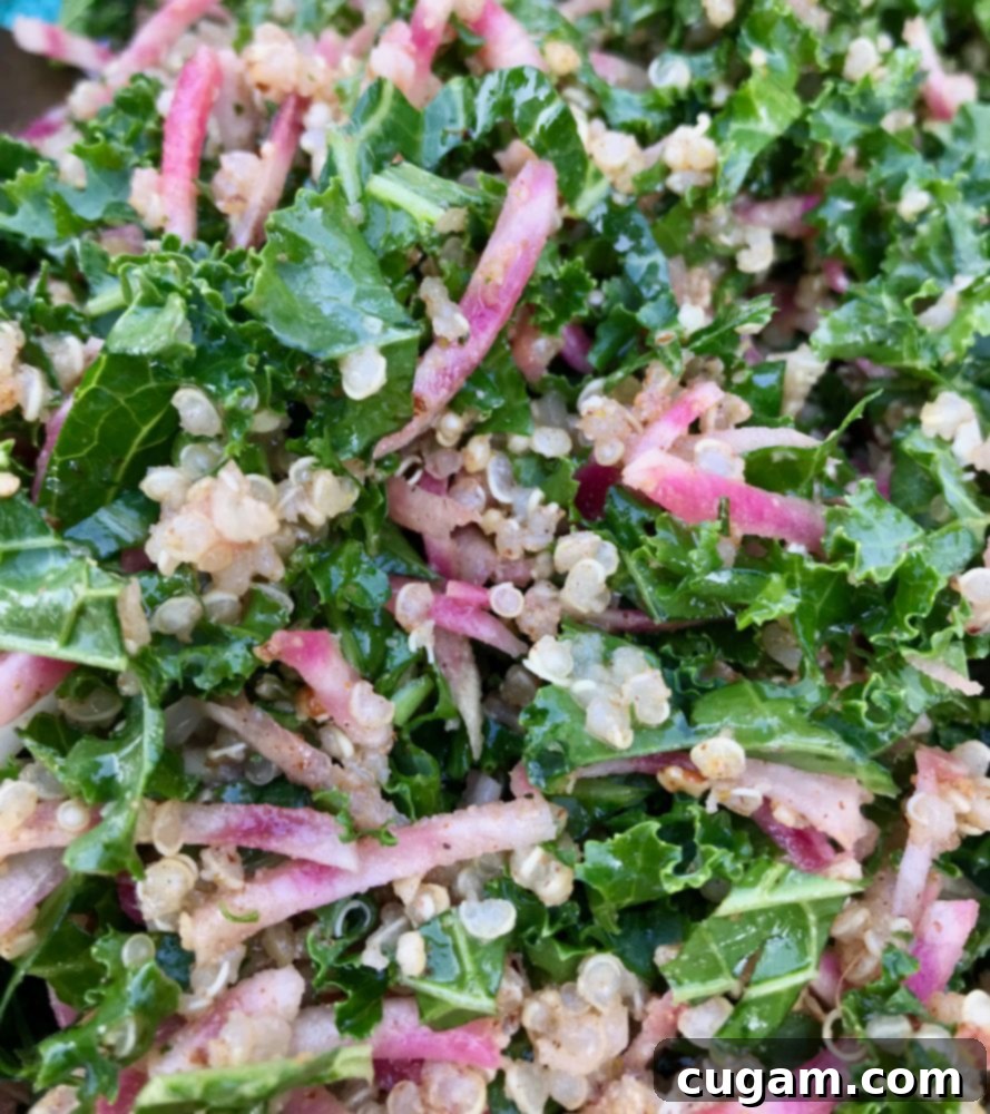 A beautifully arranged kale salad with beets, quinoa, and pecans, showcasing its vibrant colors and diverse textures.