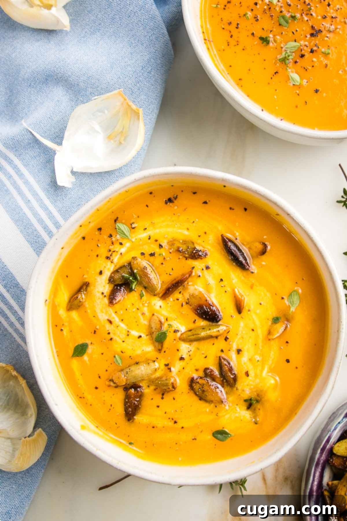 Bowl of creamy butternuts squash soup with toasted pumpkin seeds, fresh herbs and swirl of vegan sour cream.