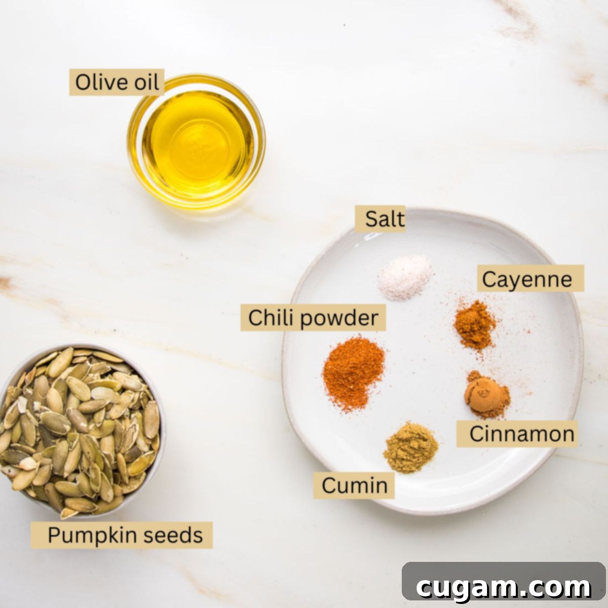 Labeled ingredients: olive oil, pumpkin seeds, salt, cayenne, chili powder, cumin, cinnamon.