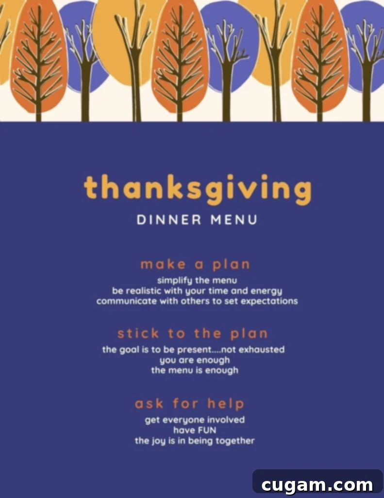 Infographic illustrating stress-free Thanksgiving menu tips: make a plan, stick to the plan, and ask for help, emphasizing that holidays and stress don't have to be linked.