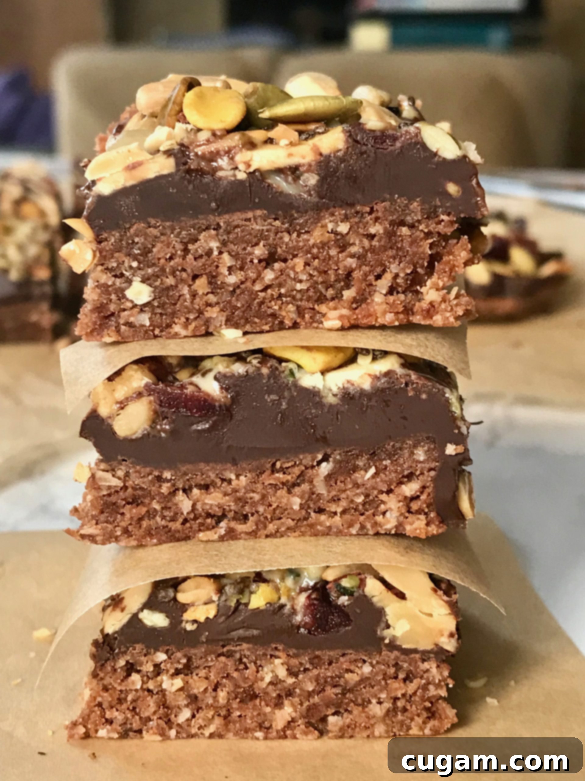 Stack of healthy homemade chocolate oatmeal trail bars. Each bar features a crumbly oatmeal base, a luscious layer of melted chocolate, and a generous topping of mixed nuts, seeds, and dried fruit.