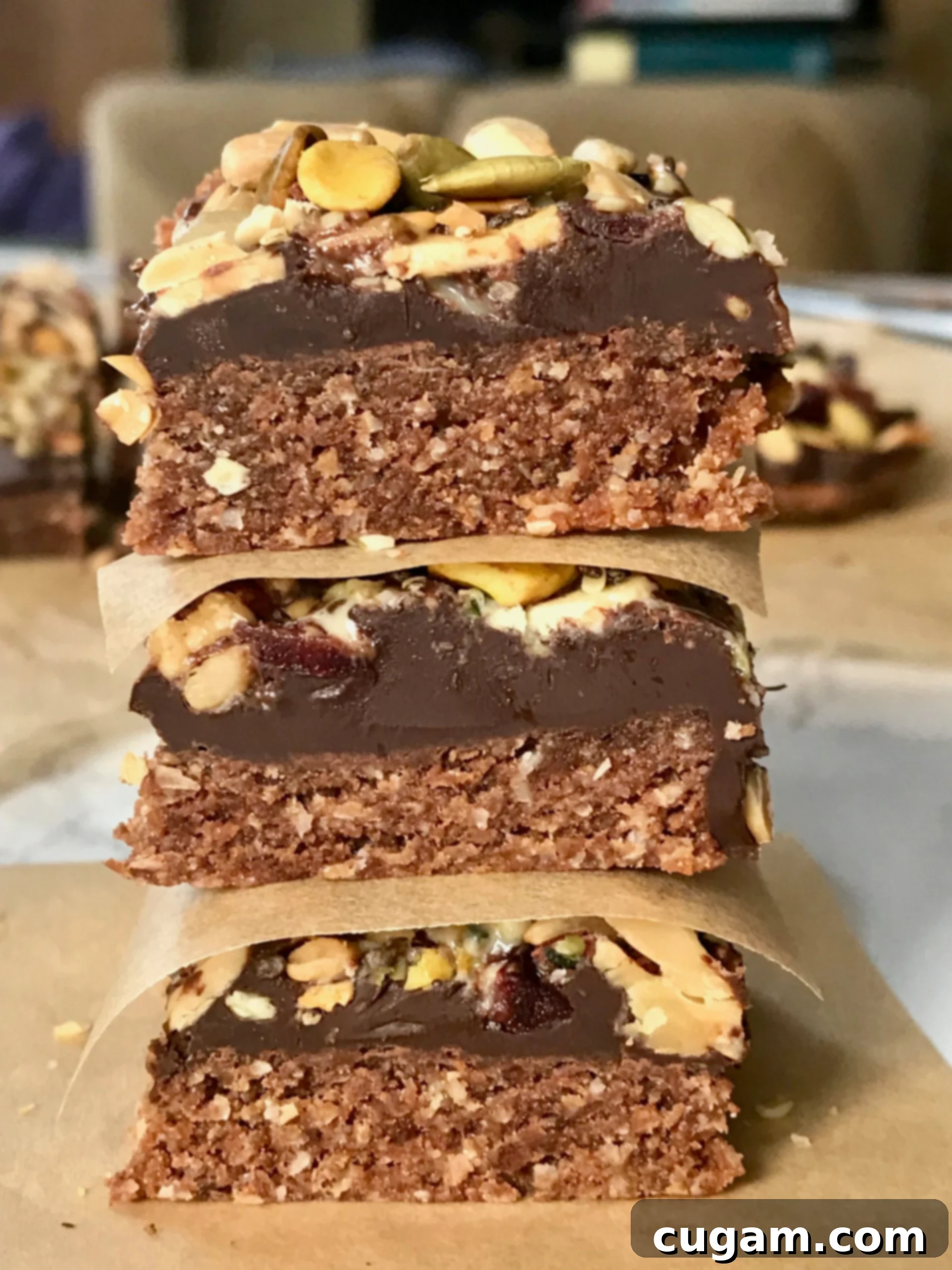 Stack of oatmeal trail bars. Crumbly bottom, layer of chocolate and trail mix on top. 