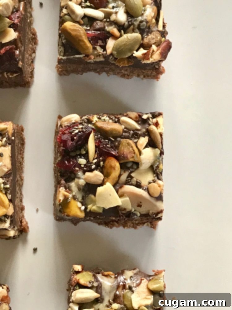 Top-down view of a single chocolate oatmeal trail bar, showing the smooth chocolate layer with a tahini swirl, topped generously with assorted nuts and seeds.
