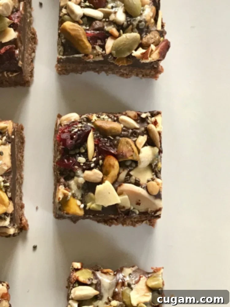 Top view of an oatmeal bar covered in chocolate and then trail mix. 