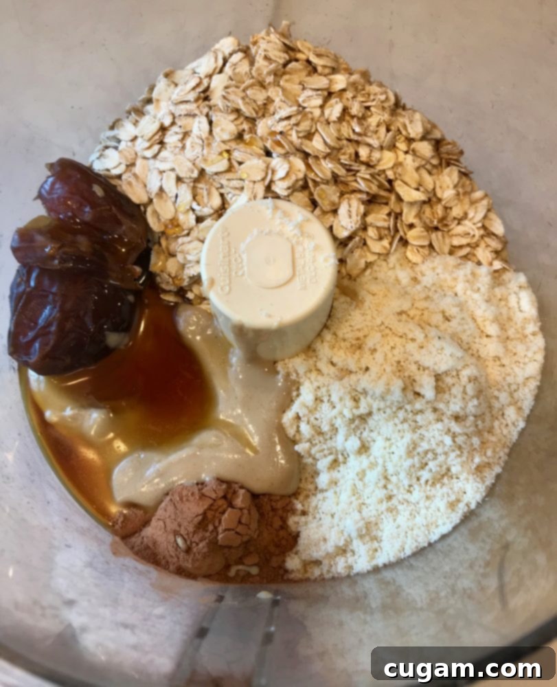 Collection of base layer ingredients in a food processor: rolled oats, pitted dates, creamy tahini, almond flour, rich cacao powder, and golden maple syrup.