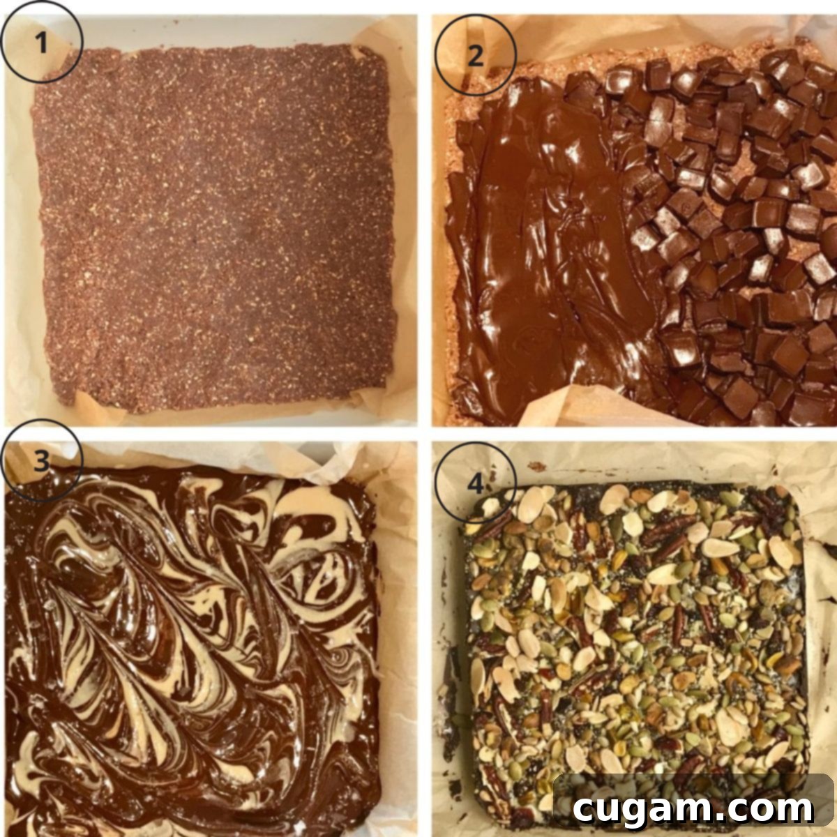 A visual sequence of making chocolate oatmeal trail bars, showing: 1) the baked oatmeal base layer, 2) chocolate chunks sprinkled over it, 3) tahini dollops swirled into the melted chocolate, and 4) the final topping of nuts, seeds, and dried fruit.