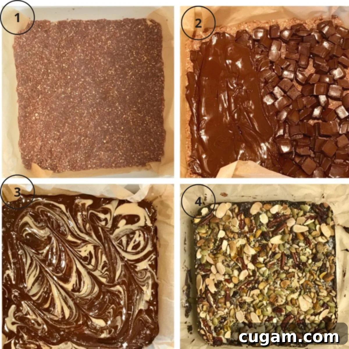 Numbered steps: 1: oatmeal base layer. 2: chocolate 3: tahini swirl 4: sprinkle with nuts and seeds.