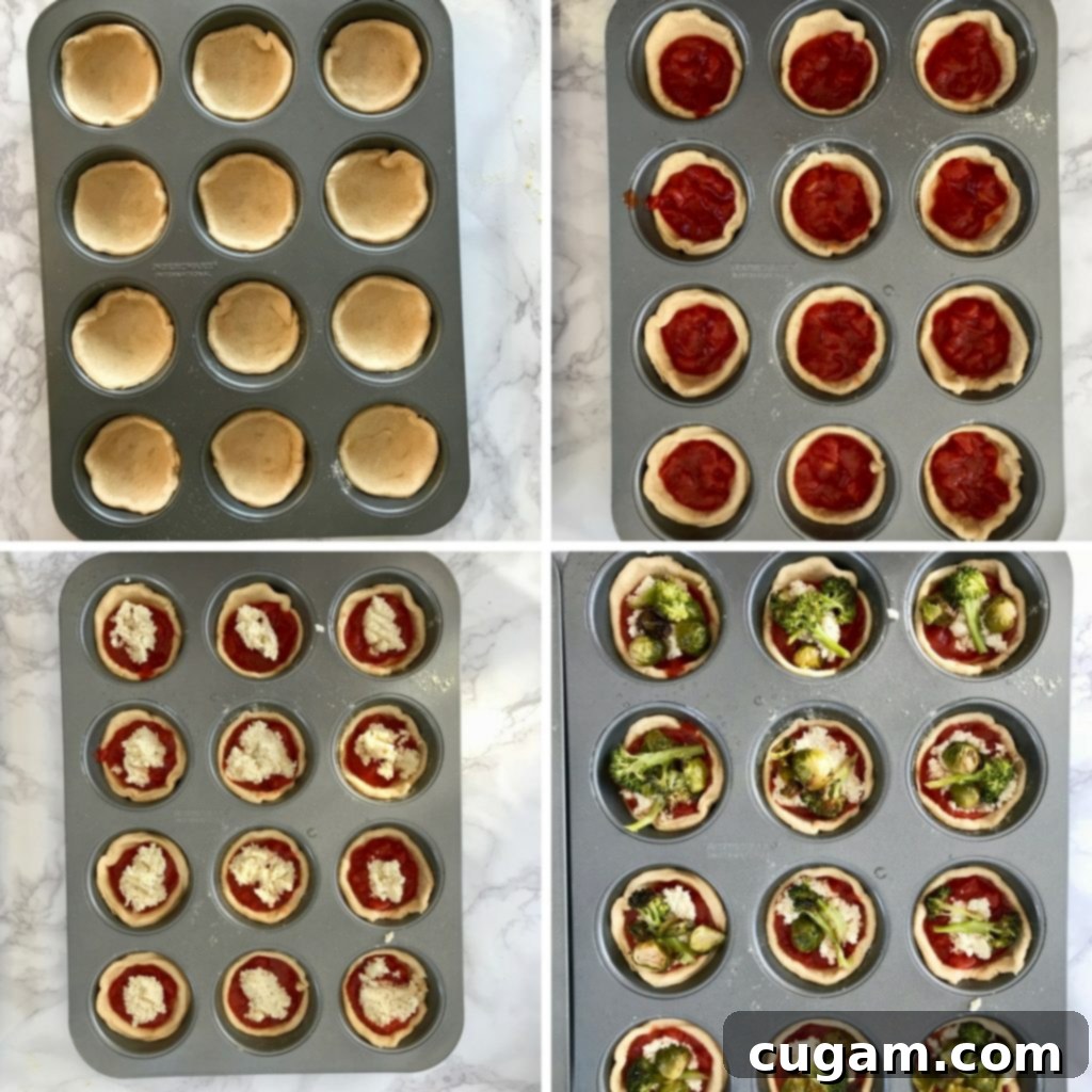 Step by step. Line muffin tin with dough, then tomato sauce, vegan ricotta and then veggies. 