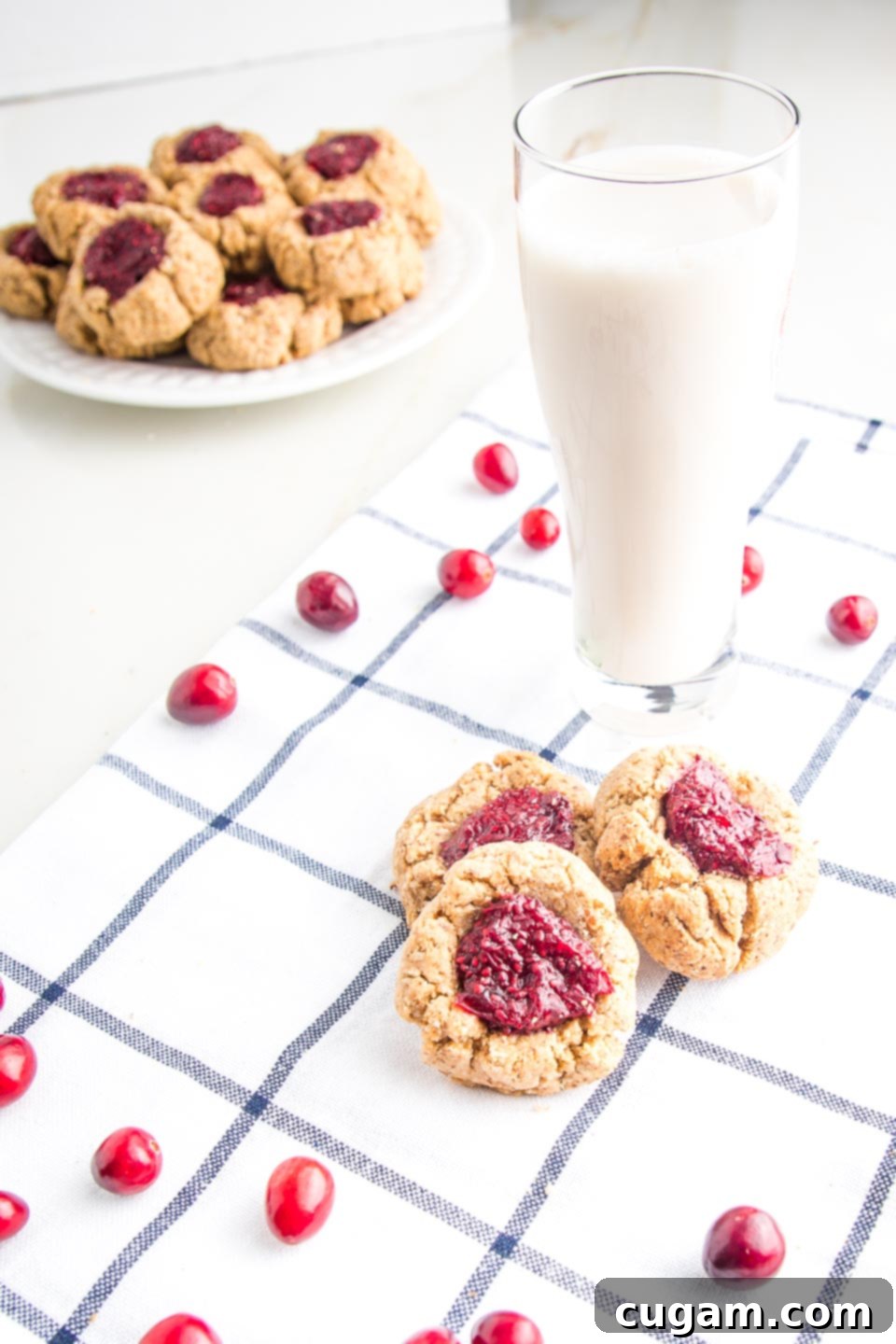Almond thumbprint cookies filled with cranberry chia jam, a glass of milk, some fresh cranberries sprinkled around and a plate of cookies in the background. 