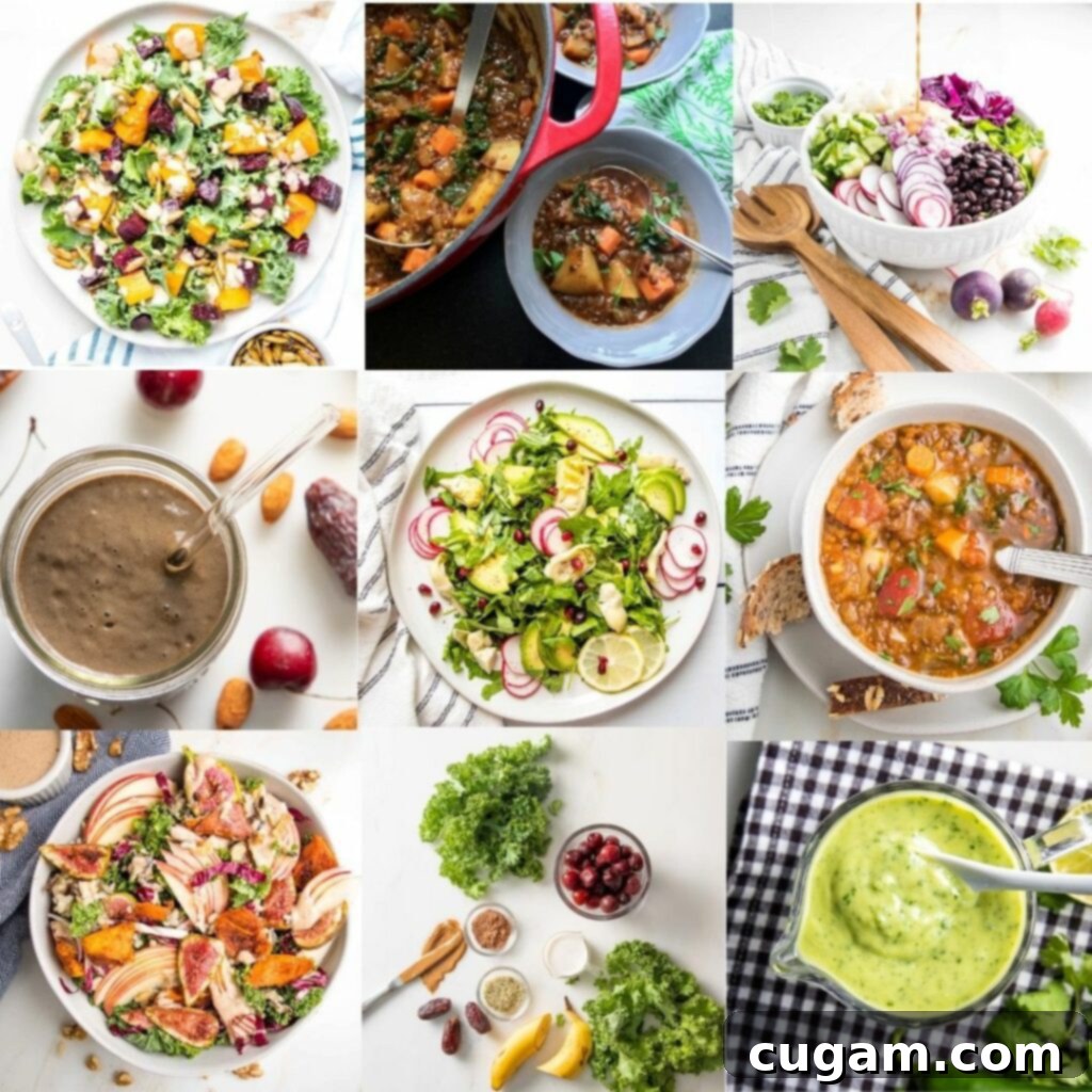 A 9-grid of photos showcasing diverse recipes featuring leafy greens, including bright salads, hearty stews, comforting soups, and vibrant smoothies.