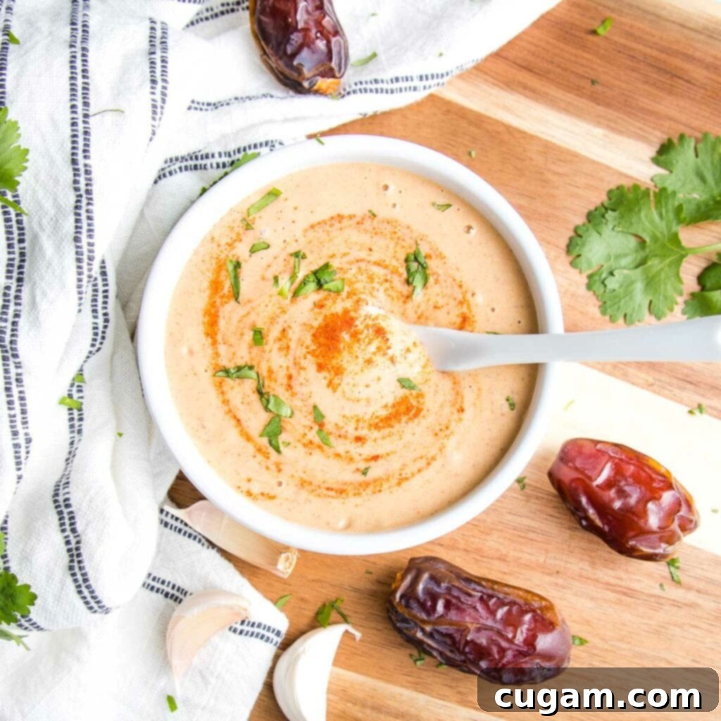 A small white bowl filled with creamy, light orange chipotle salad dressing, garnished with extra chipotle powder and fresh chopped cilantro swirled on top.