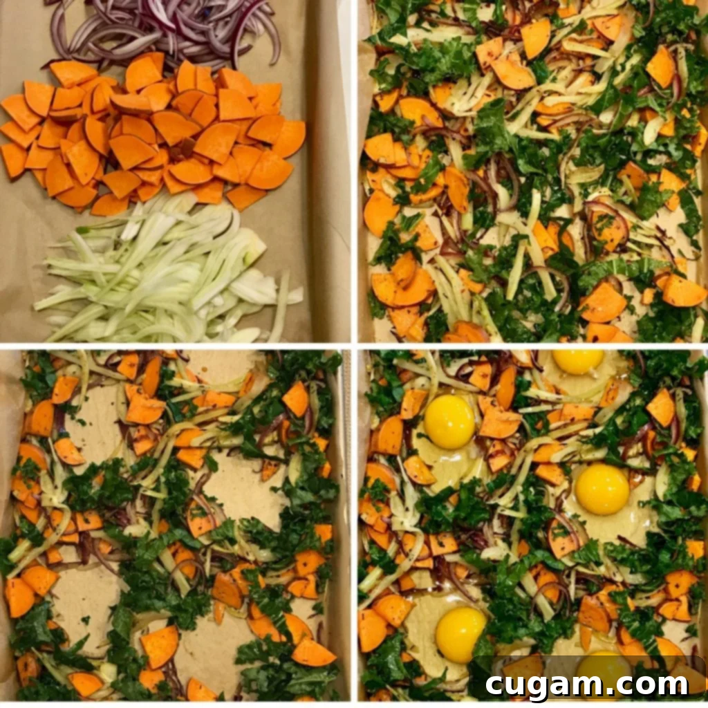 Veggie hash plus eggs in a step by step collage. 