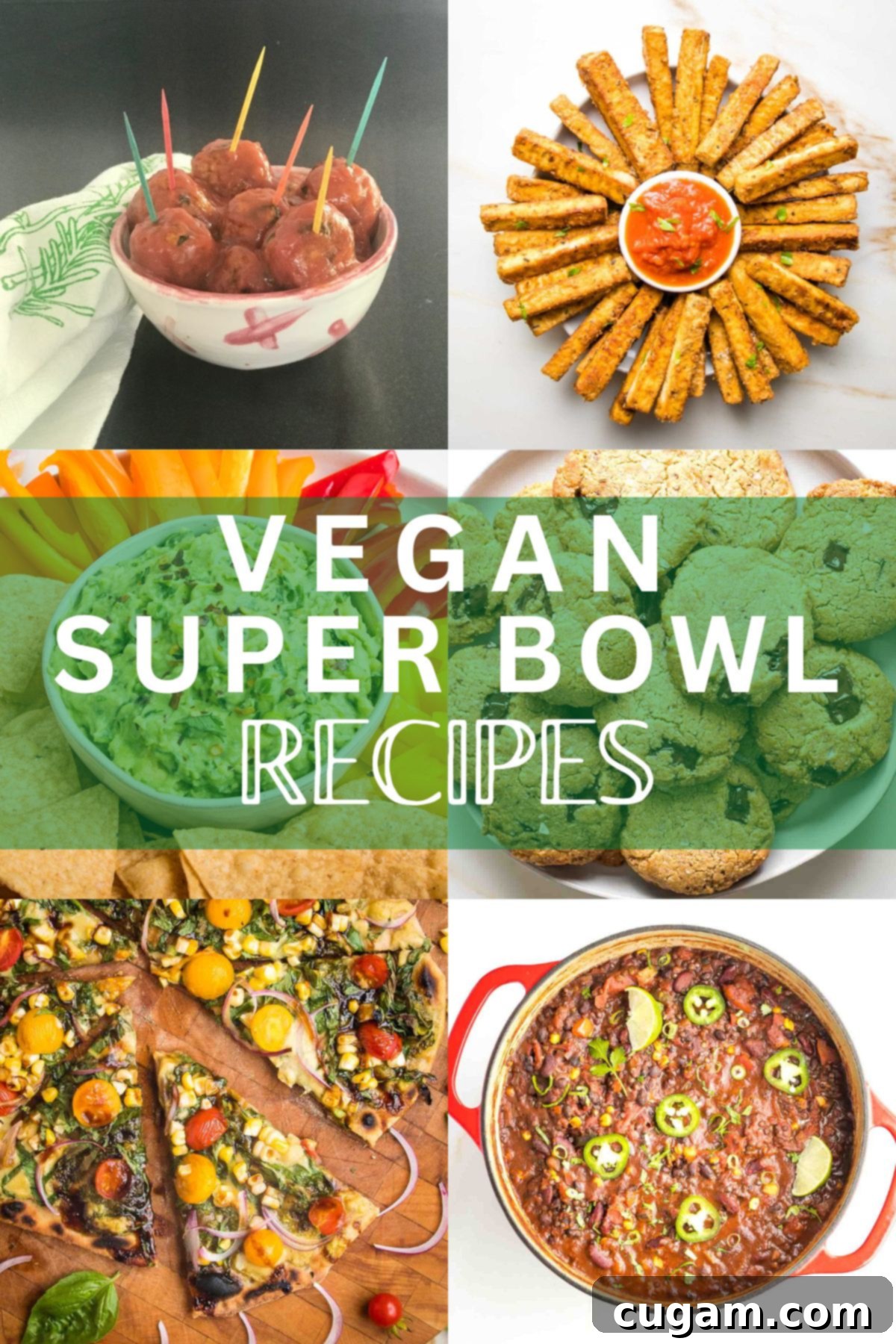 A vibrant spread of various vegan Super Bowl dishes, including dips, tacos, and snacks, ready for a game day party.