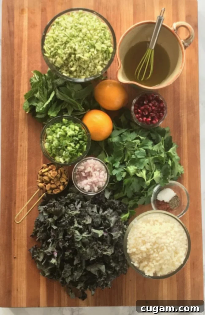 Whole ingredients:  riced broccoli and cauliflower, fresh herbs, lemons, shallots, pomegranate seeds, kale, pistachios. 