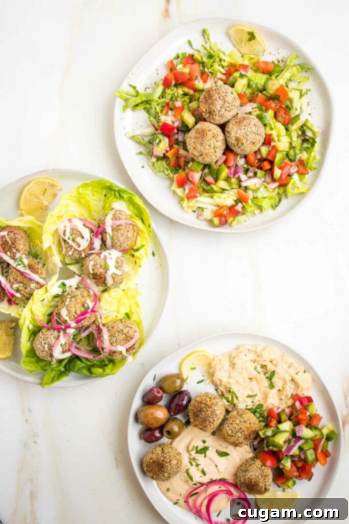 Three plates, each with a different colorful assortment of falafel balls.  Top plate includes shredded lettuce and israeli cucumber and tomato salad, middle plate shows falafel on top of lettuce cups with pickled red onions and tahini drizzle.  Bottom plate has a swirl of hummus, one of baba ganoush, some olives, israeli cucumber and tomato salad and some red pickled onions.