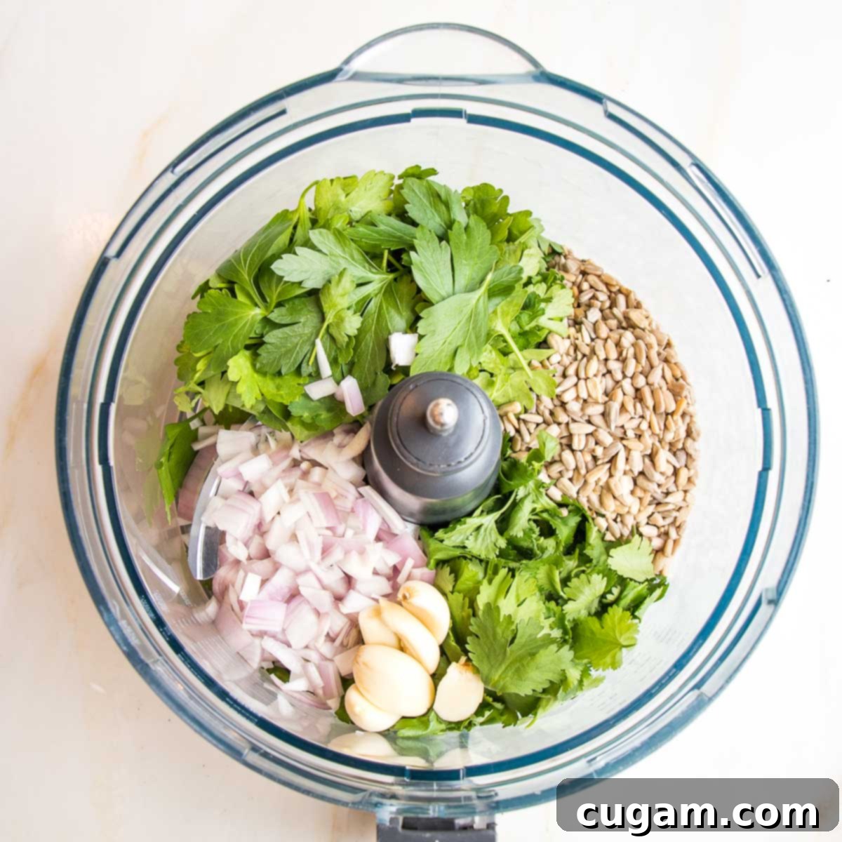 Food processor bowl with falafel ingredients: fresh herbs, garlic, shallots and sunflower seeds.