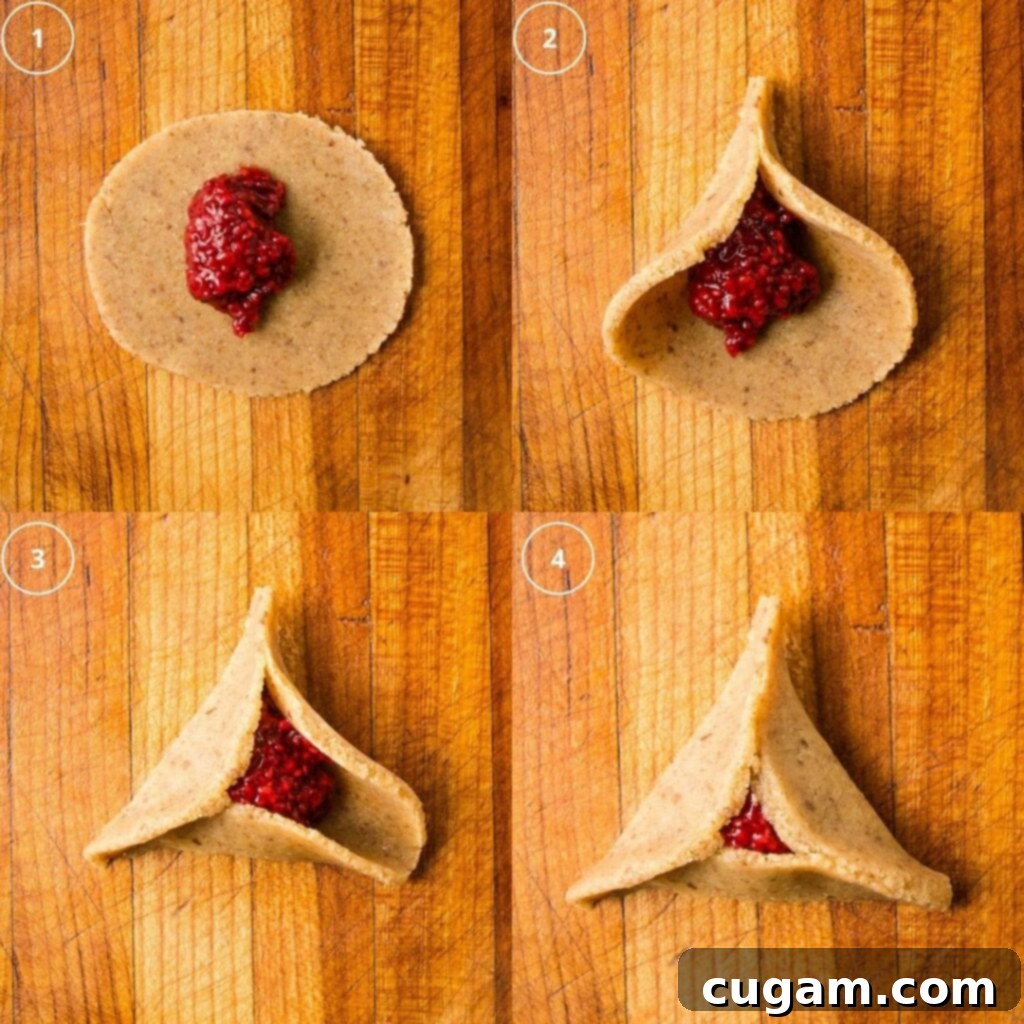4 photos showing how to fill and fold hamentaschen. 1: circle of dough with a teaspoon of raspberry jam. 2: top corner pinched. 3: bottom left corner also formed. 4: triangle cookie complete.