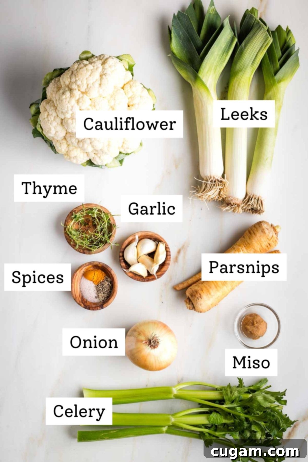 Labeled ingredients: leeks, cauliflower, thyme, parsnips, celery, onion, garlic, miso, spices.