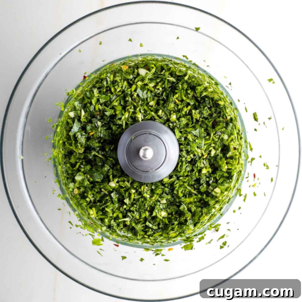 Finely chopped herbs, garlic, and crushed pepper in the bowl of a food processor, indicating a perfect texture.