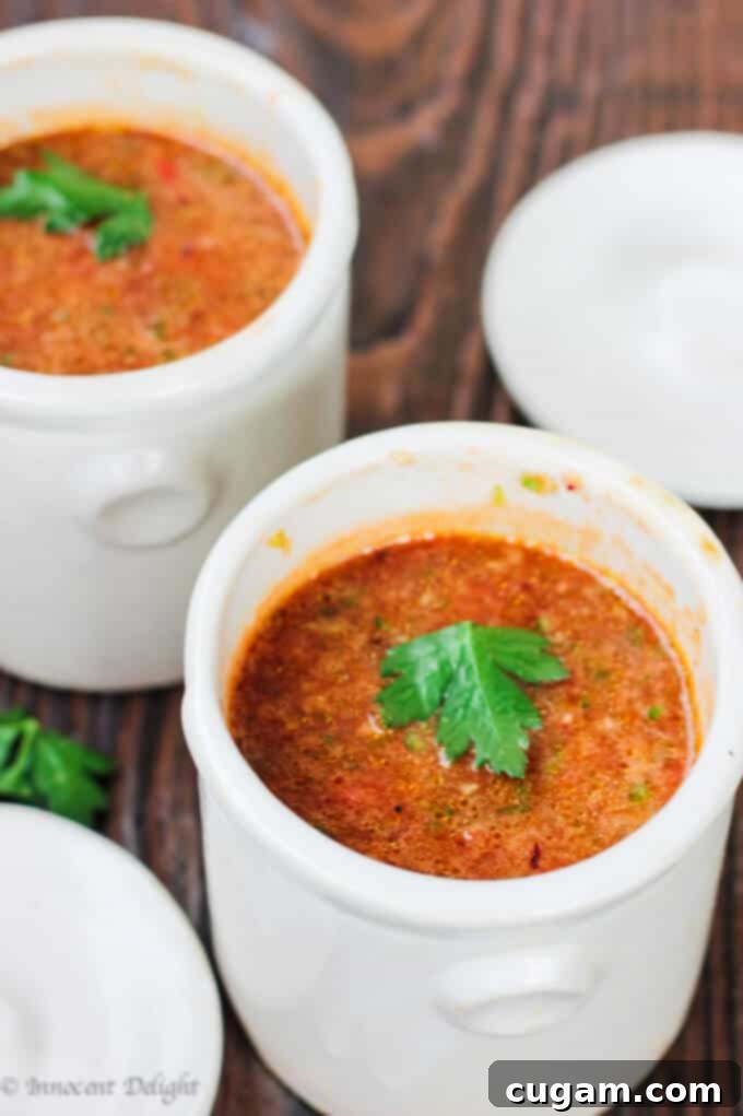 A bowl of vibrant homemade Gazpacho, garnished with fresh herbs