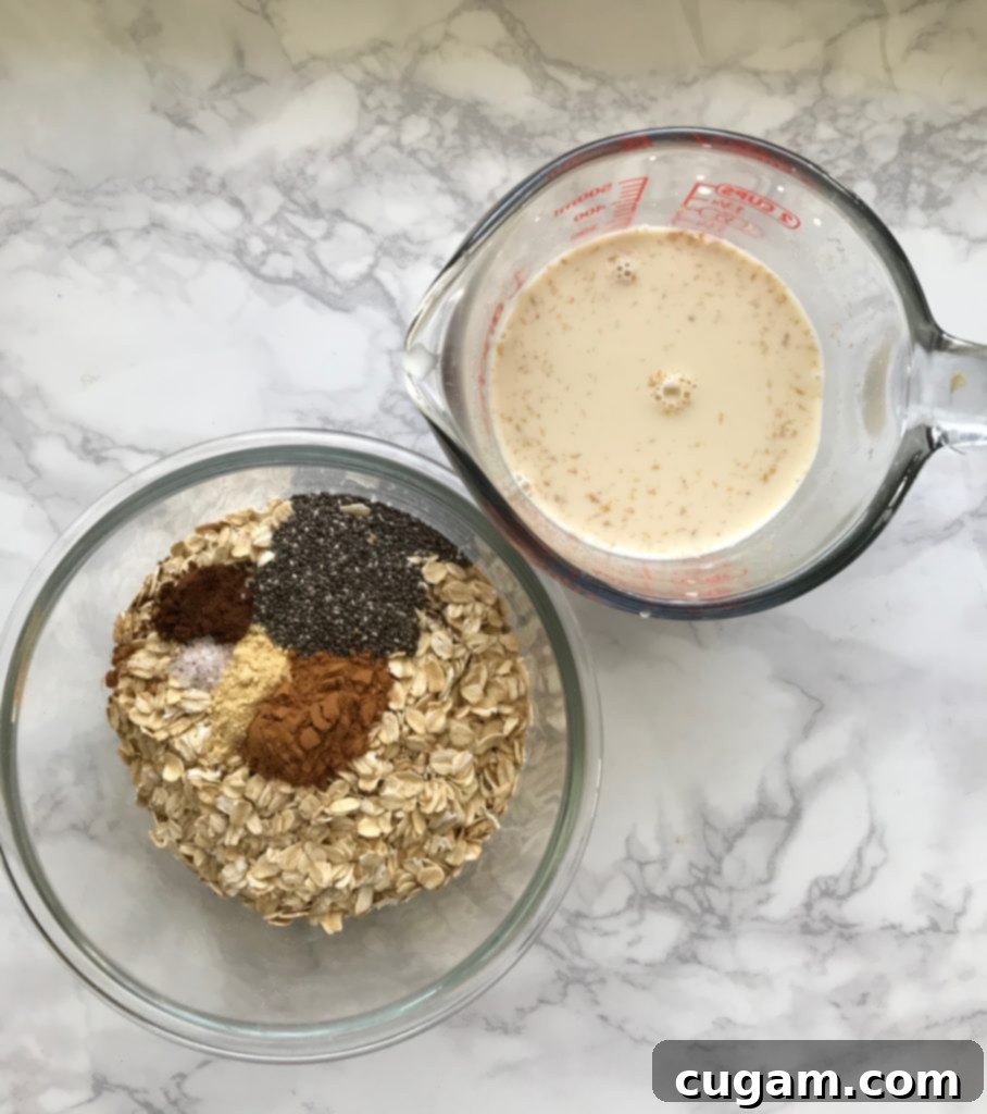 Ingredients for Gingerbread Overnight Oats laid out, showing their simplicity.